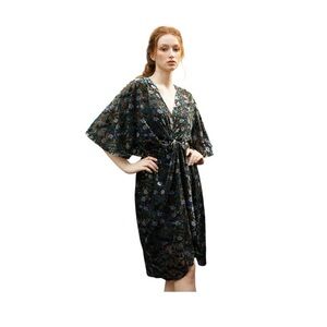 ModCloth Black Floral Velvet Burnout Kimono-Style Dress XL
